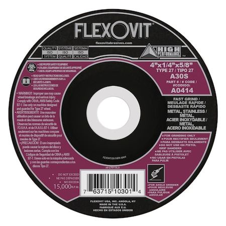 Flexovit HP Fast Grind Depressed Center Grinding Wheel, 4 in Dia x 1/4 in THK, 5/8 in Center Hole, A30S Grit,  A0414